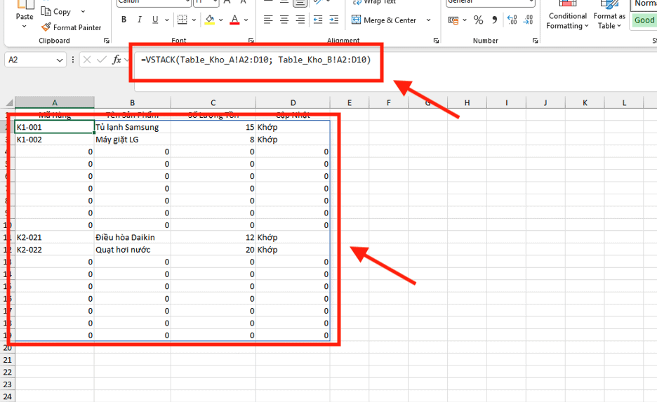 Gộp dữ liệu từ các bảng đã định dạng (Excel Tables)
