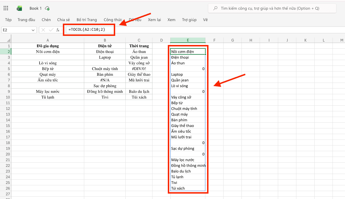 Kỹ thuật bỏ qua ô lỗi bằng hàm TOCOL trong Excel