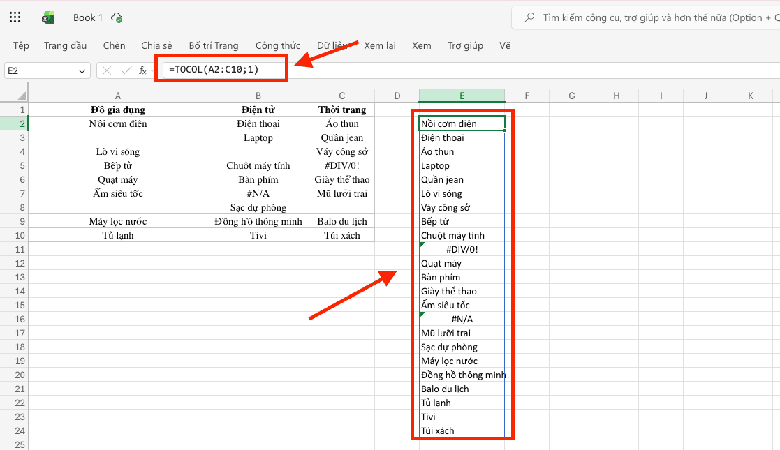 Kỹ thuật bỏ qua ô trống bằng hàm TOCOL trong Excel