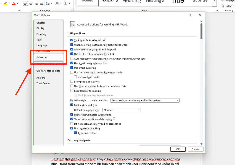Sửa lỗi dính chữ trong Word thông qua cài đặt Smart Cut and Paste