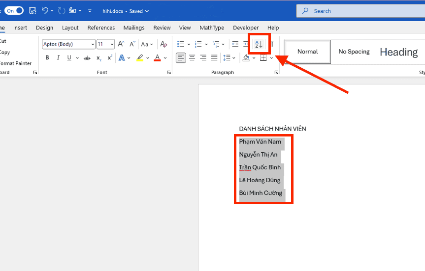 Cách sắp xếp tên theo abc trong Word cho danh sách văn bản (Paragraphs)