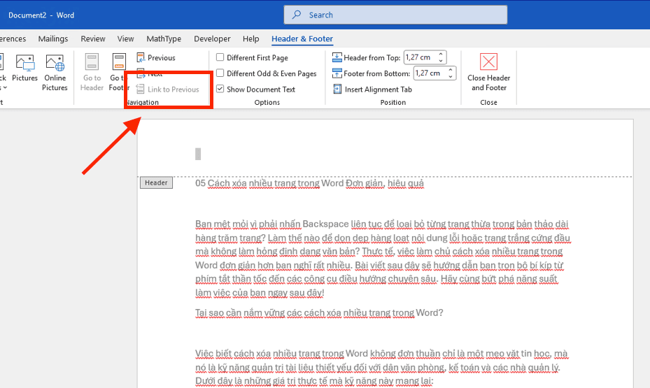 Sử dụng tính năng Link to Previous để sửa lỗi đánh số trang