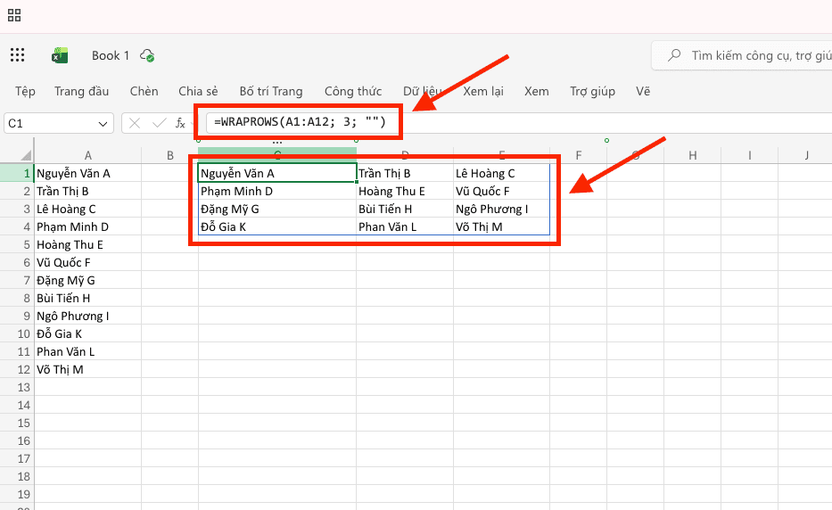 Cách sử dụng hàm WRAPROWS trong Excel cơ bản