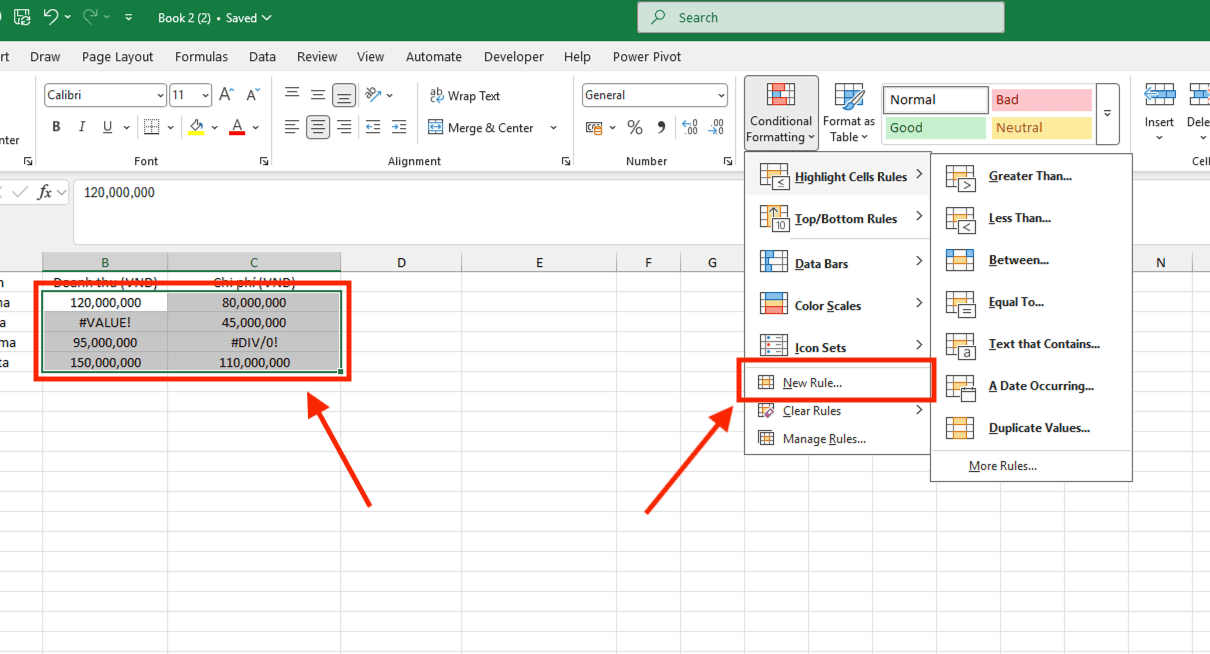 Ví dụ 2: Tự động đánh dấu ô lỗi bằng Conditional Formatting