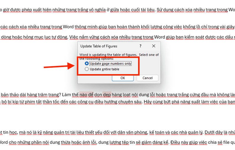 Cách cập nhật mục lục hình ảnh khi thay đổi số trang hoặc nội dung
