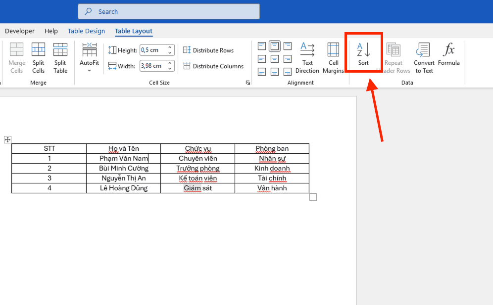 Cách sắp xếp tên theo abc trong Word cho dữ liệu dạng bảng (Table)