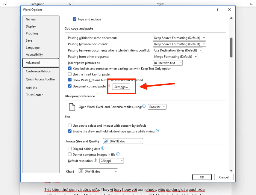 Sửa lỗi dính chữ trong Word thông qua cài đặt Smart Cut and Paste