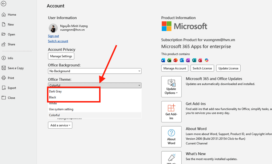 Thay đổi thông qua mục Account