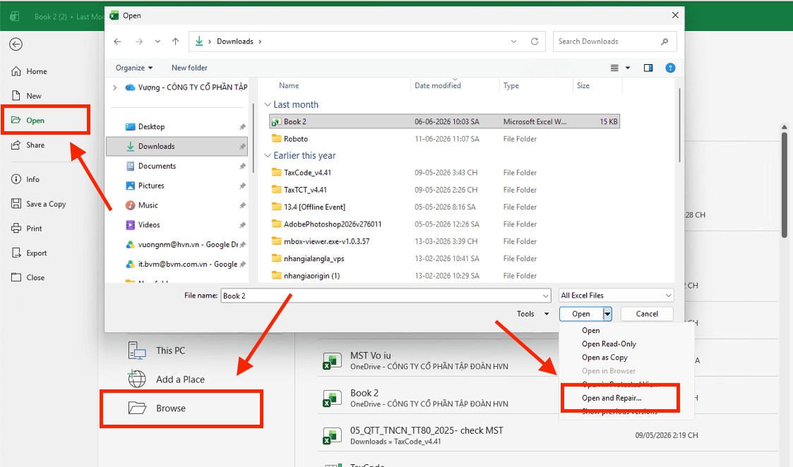 Cách sửa lỗi Repaired trong Excel bằng tính năng Open and Repair
