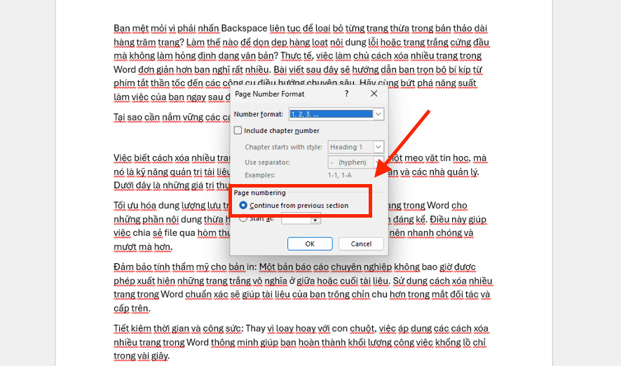Cách sửa lỗi đánh số trang trong Word không liên tục qua Page Number Format