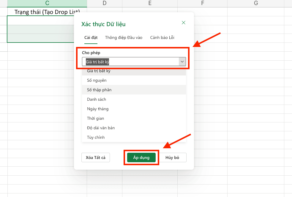 Cách tạo Drop List trong Excel bằng phương pháp nhập tay trực tiếp
