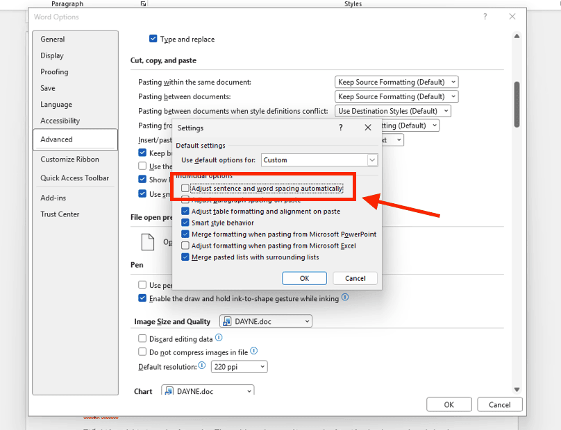 Sửa lỗi dính chữ trong Word thông qua cài đặt Smart Cut and Paste