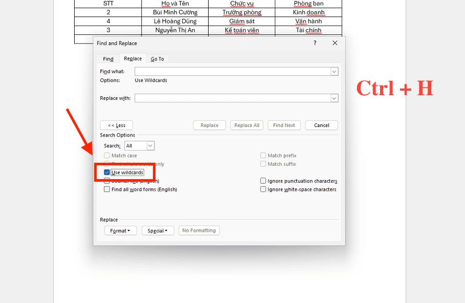 Cách kích hoạt chế độ sử dụng Wildcards trong Word