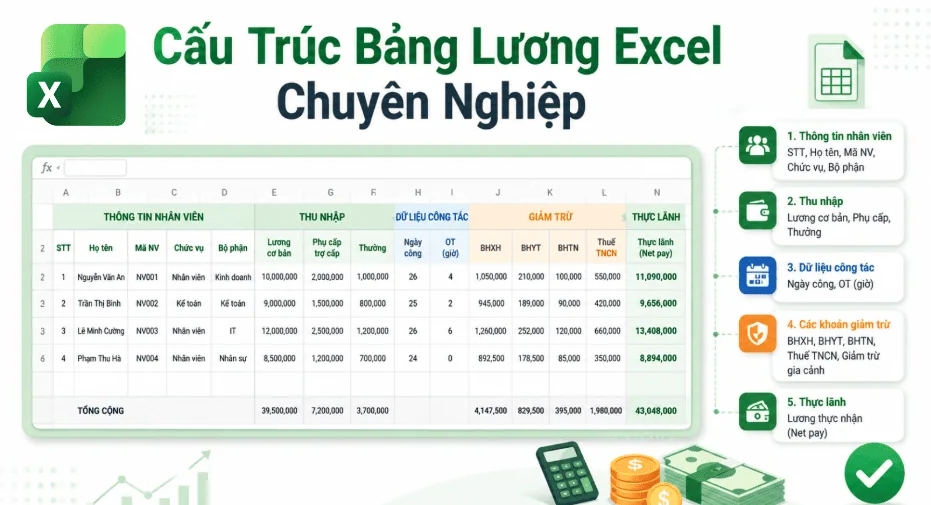 Cấu trúc cơ bản của một bảng lương nhân viên Excel chuyên nghiệp