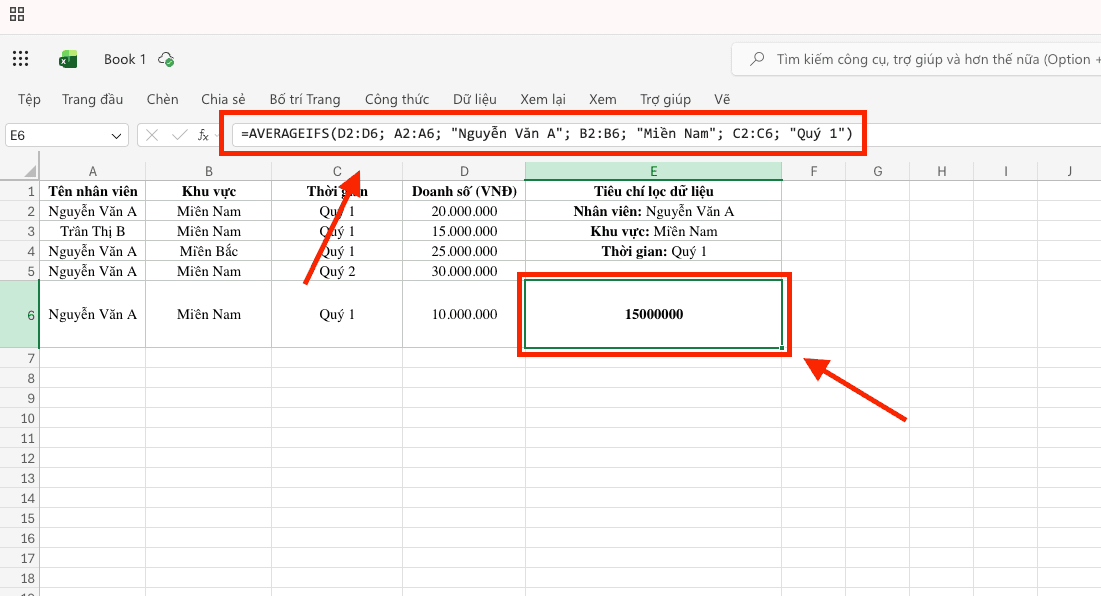 Hàm chia trung bình trong Excel có nhiều điều kiện (AVERAGEIFS)
