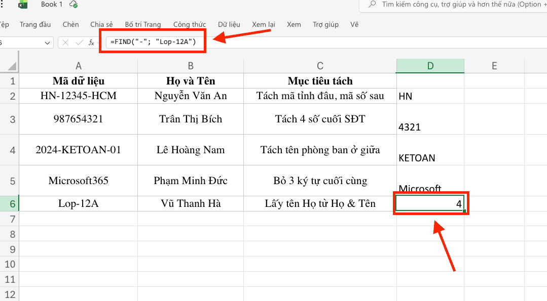 Hàm FIND và SEARCH – Tìm kiếm vị trí ký tự để tách chuỗi động
