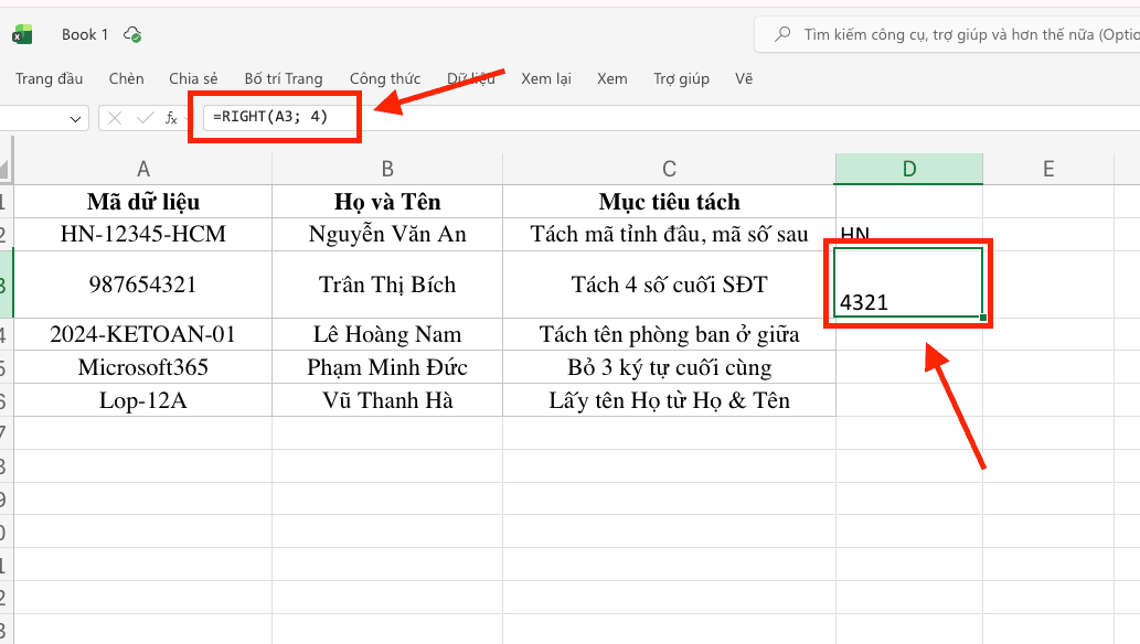 Hàm RIGHT – Tách ký tự từ phía bên phải hiệu quả