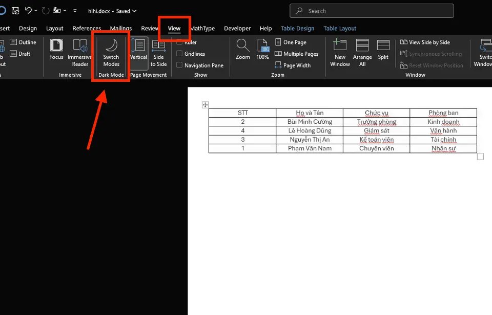 Kích hoạt Dark Mode trong Word cho trang giấy (Canvas)