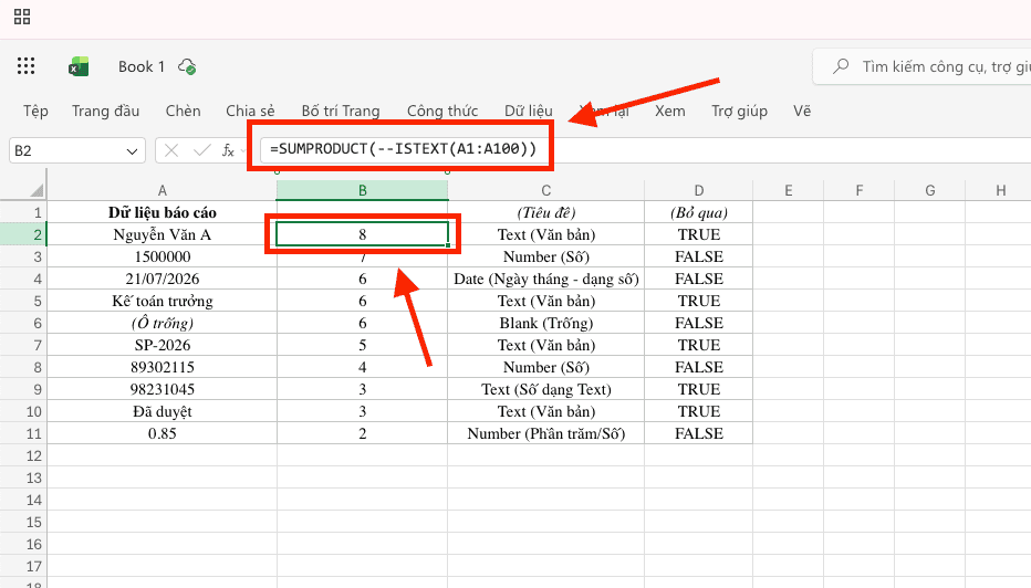 Sử dụng hàm ISTEXT trong Excel để đếm dữ liệu văn bản