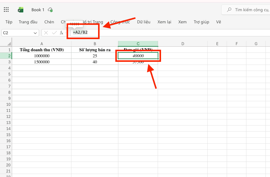 Cách dùng toán tử "/" để thực hiện phép chia trong Excel cơ bản