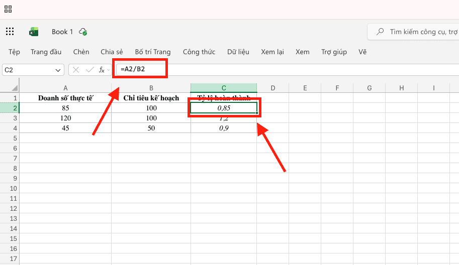 Ứng dụng phép chia trong Excel để tính tỷ lệ phần trăm