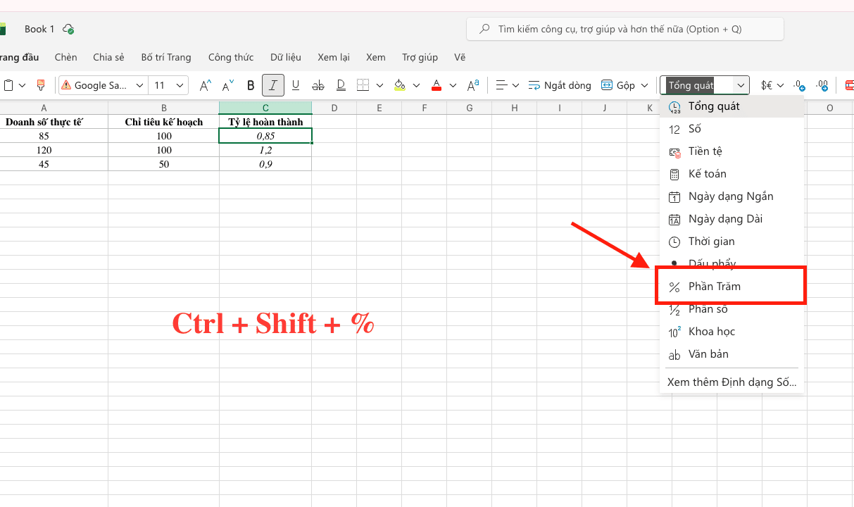 Ứng dụng phép chia trong Excel để tính tỷ lệ phần trăm