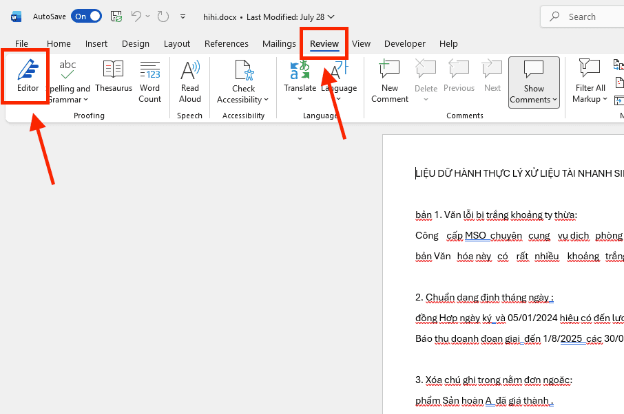 Sử dụng công cụ Editor để rà soát toàn bộ tài liệu