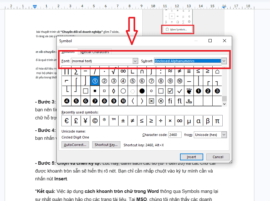 Khoanh tròn chữ trong Word bằng kho ký tự Symbols