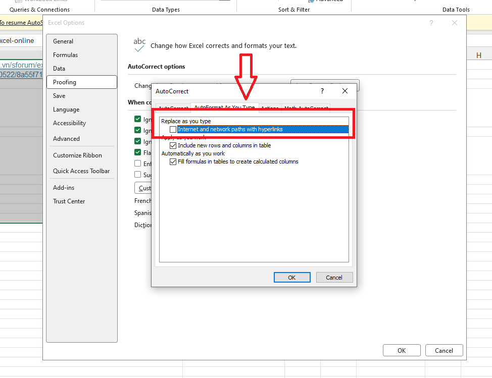 Cách ngăn chặn Excel tự động tạo link khi nhập liệu