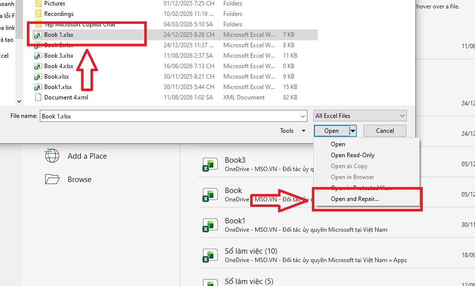 Sử dụng tính năng Open and Repair của Microsoft Excel