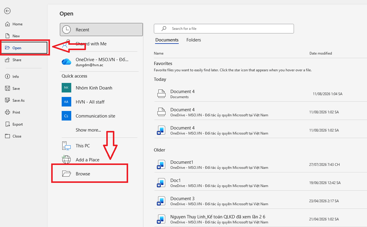 Mở trực tiếp từ giao diện phần mềm Microsoft Word