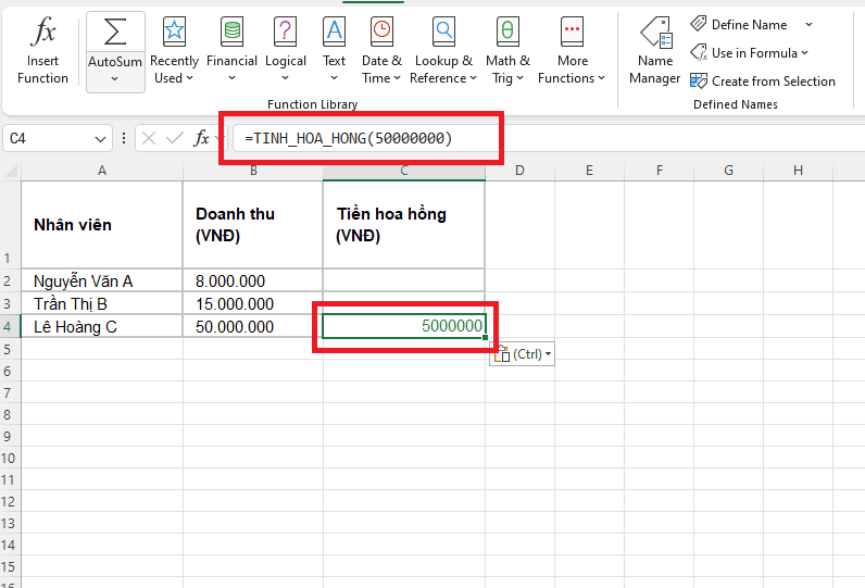 Tạo hàm tính tiền hoa hồng bán hàng (Sử dụng VBA)