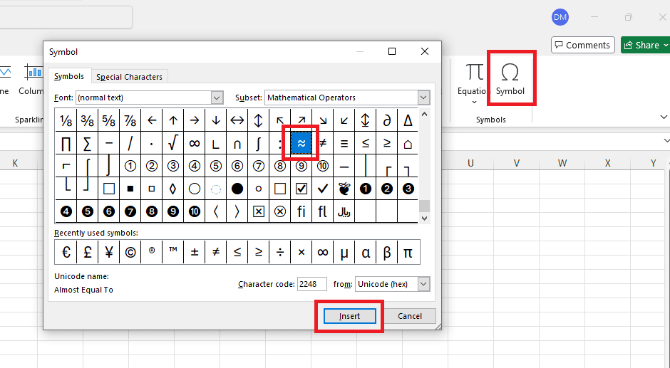 Dùng thanh công cụ Symbol trong Excel