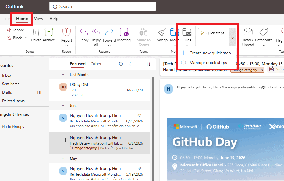 Tạo Quick Steps để gán màu và lưu trữ nhanh: Xử lý 1-click hàng loạt