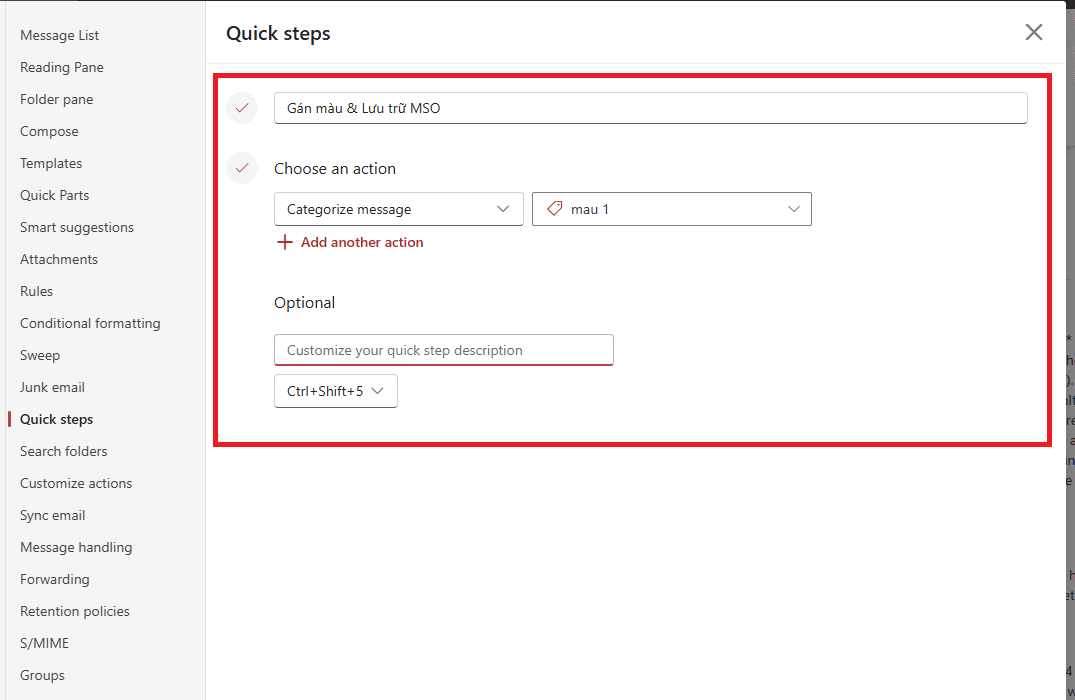 Tạo Quick Steps để gán màu và lưu trữ nhanh: Xử lý 1-click hàng loạt
