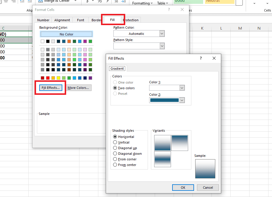 Cách tô màu gradient cho ô trong Excel thủ công bằng Format Cells