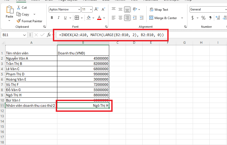 Kết hợp hàm LARGE và INDEX/MATCH (Tìm thông tin đi kèm)