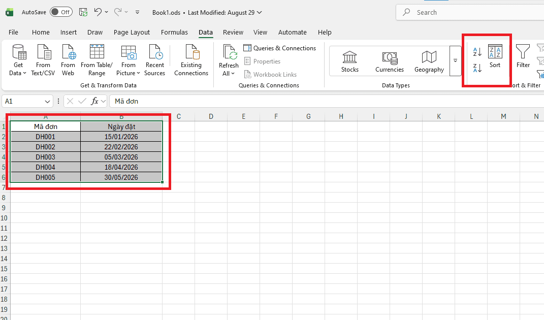 Áp dụng cách sắp xếp ngày tháng tăng dần trong Excel cho nhiều cột dữ liệu (Custom Sort)