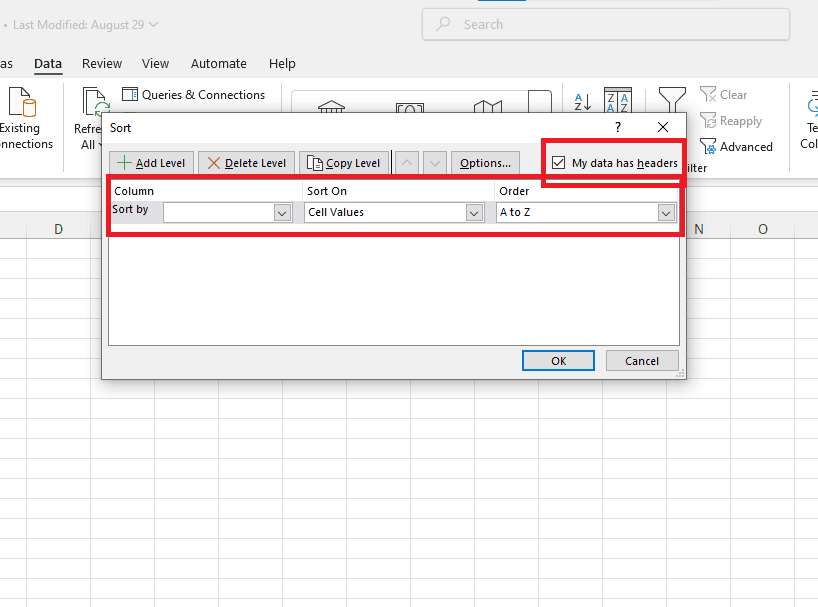Áp dụng cách sắp xếp ngày tháng tăng dần trong Excel cho nhiều cột dữ liệu (Custom Sort)