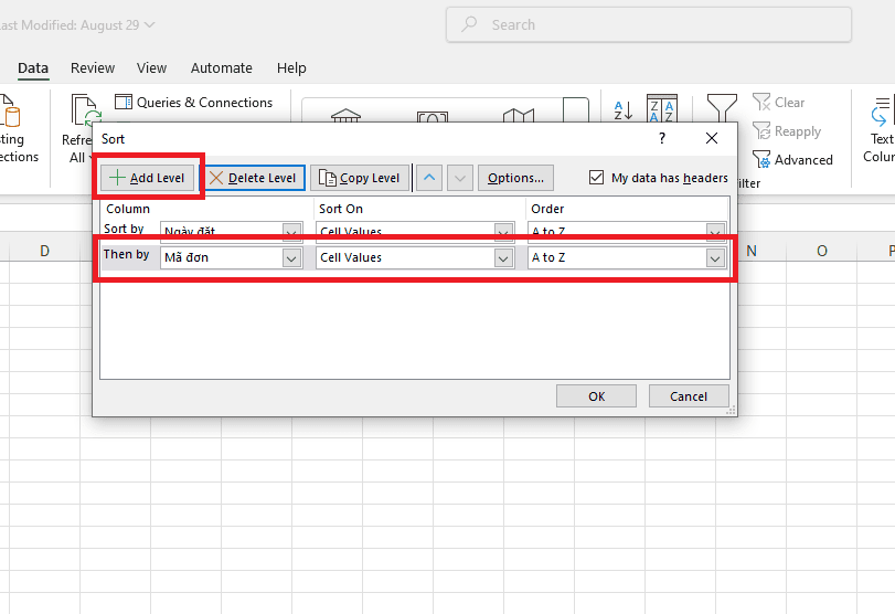Áp dụng cách sắp xếp ngày tháng tăng dần trong Excel cho nhiều cột dữ liệu (Custom Sort)