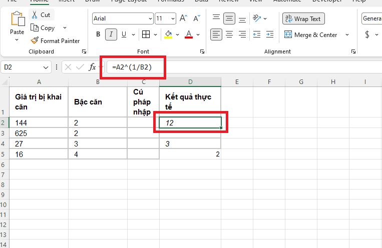 Công thức và cách tính căn bậc 2 bằng toán tử mũ ^(1/2)