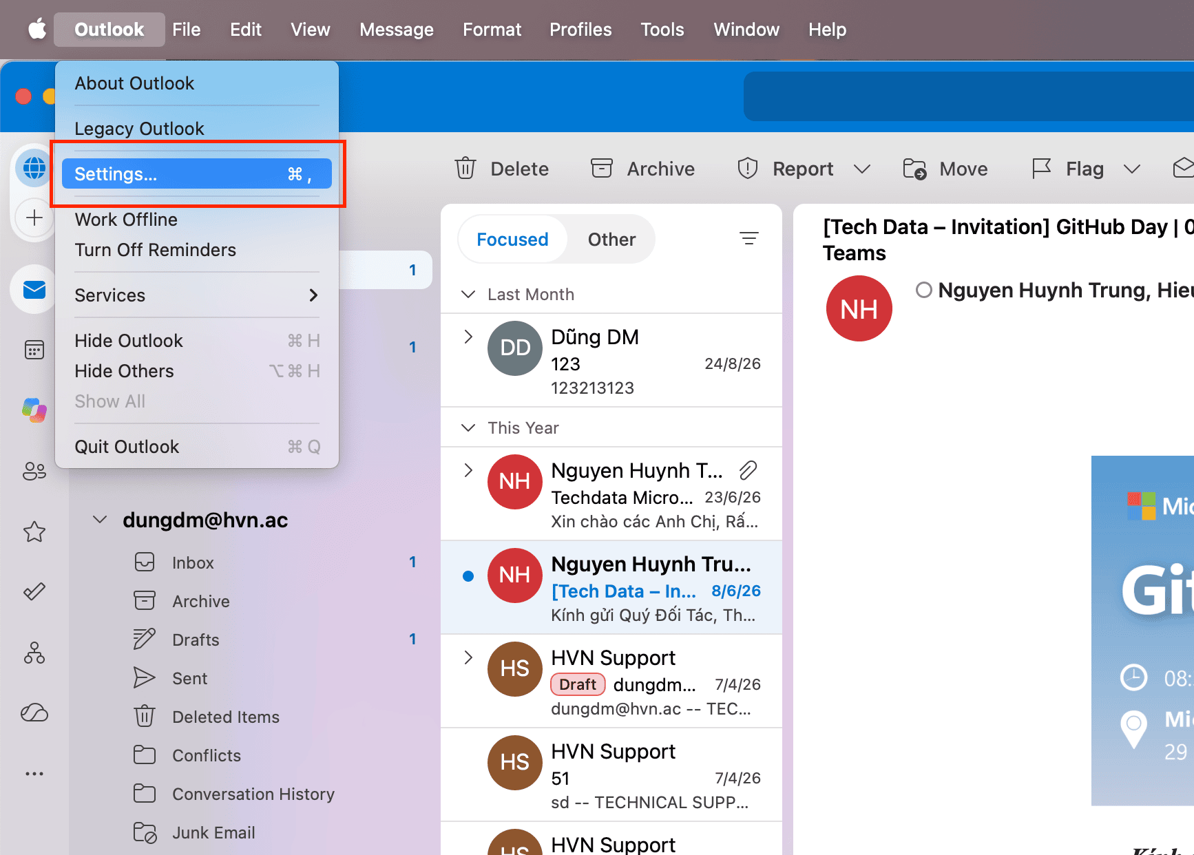 Trên ứng dụng Outlook cho Mac