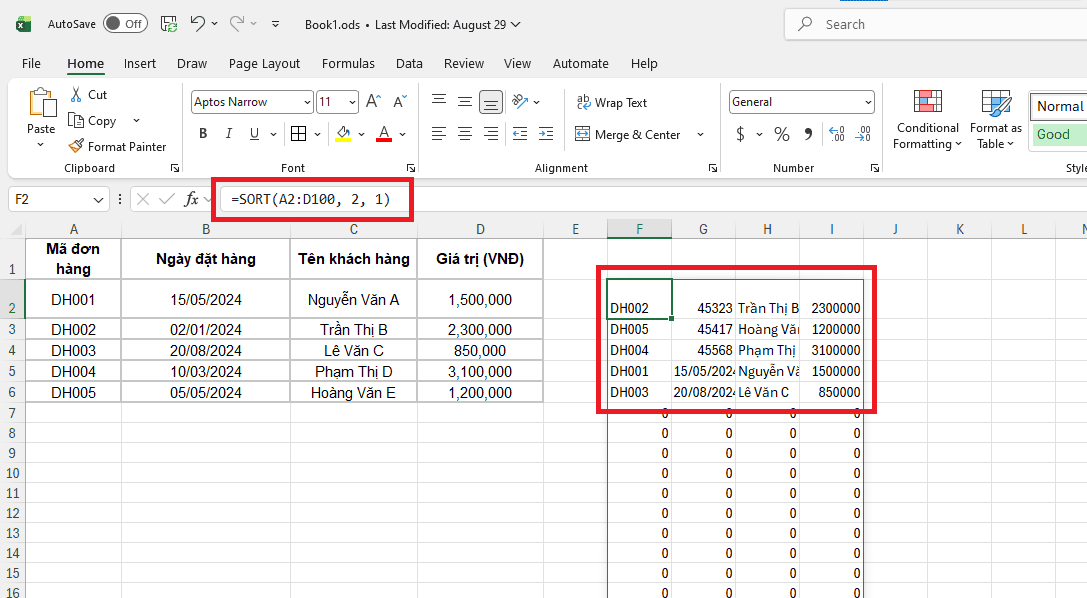 Sử dụng hàm SORT (Dành cho phiên bản Excel Microsoft 365)