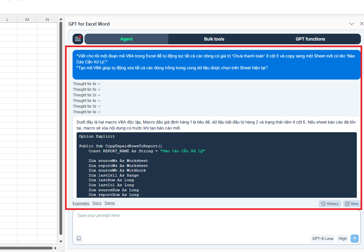 Mẫu prompt tự động tạo mã lập trình VBA