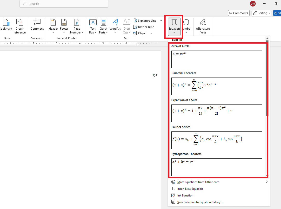 Chèn công thức toán học có sẵn (Built-in Equations)