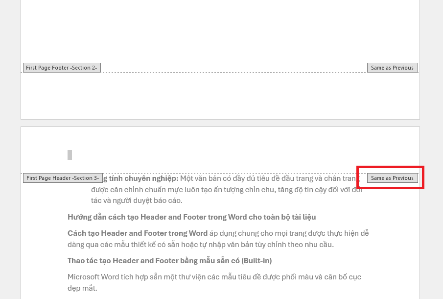 Cách tạo Header and Footer trong Word từ trang thứ 3