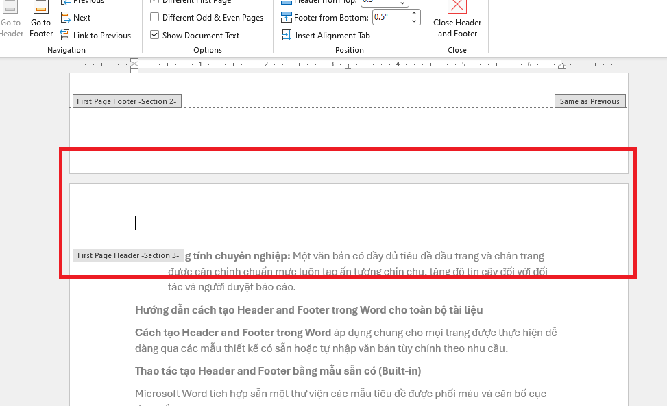 Cách tạo Header and Footer trong Word từ trang thứ 3
