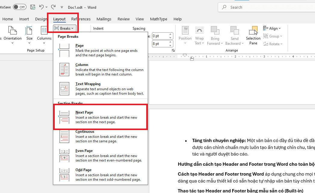Các bước thiết lập Header/Footer riêng cho từng trang/chương