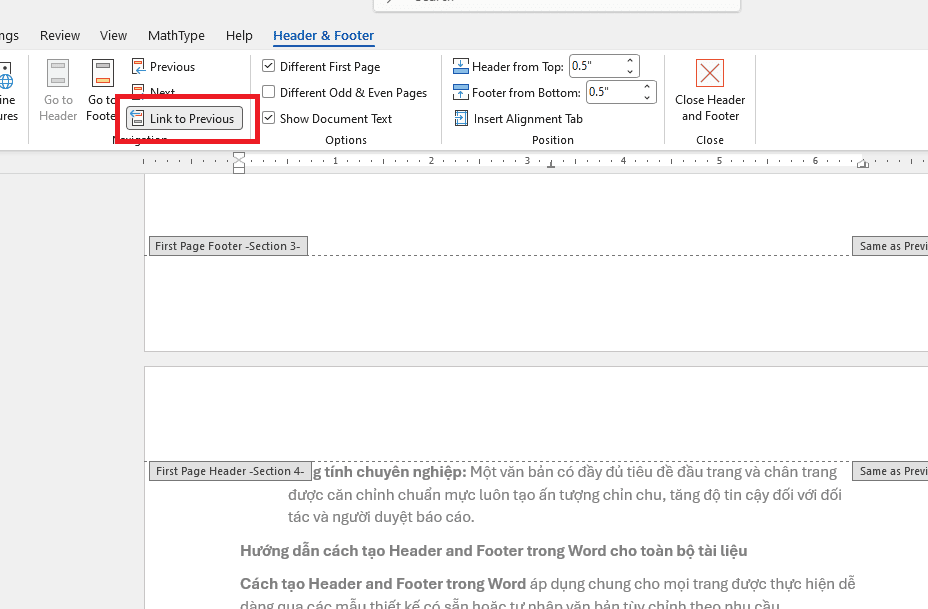Các bước thiết lập Header/Footer riêng cho từng trang/chương
