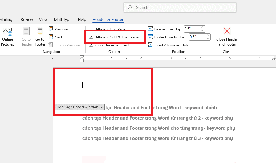 Tạo Header and Footer riêng cho trang chẵn và trang lẻ (Odd & Even Pages)